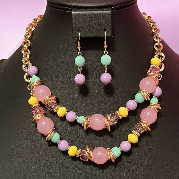 nOir Colorful Beaded Gold Tone Necklace and Earring Set - Picture 1 of 4